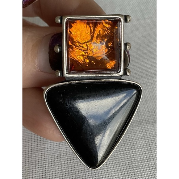 CDI Sterling Silver Southwestern Amber & Black Onyx Pendant Or Brooch VTG